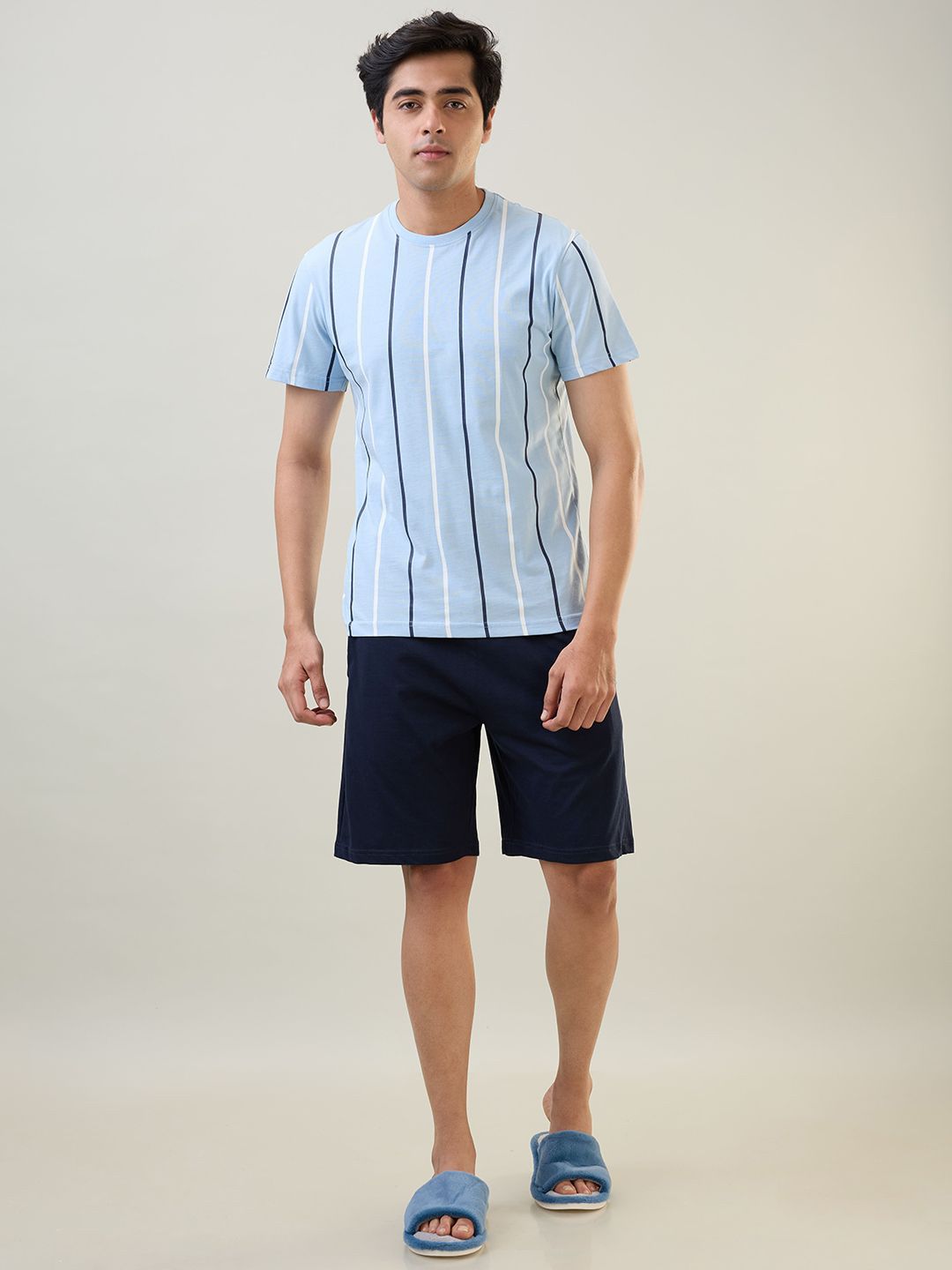 SleepZ by Raymond Striped Round Neck Pure Cotton T-Shirt With Shorts-picture-39