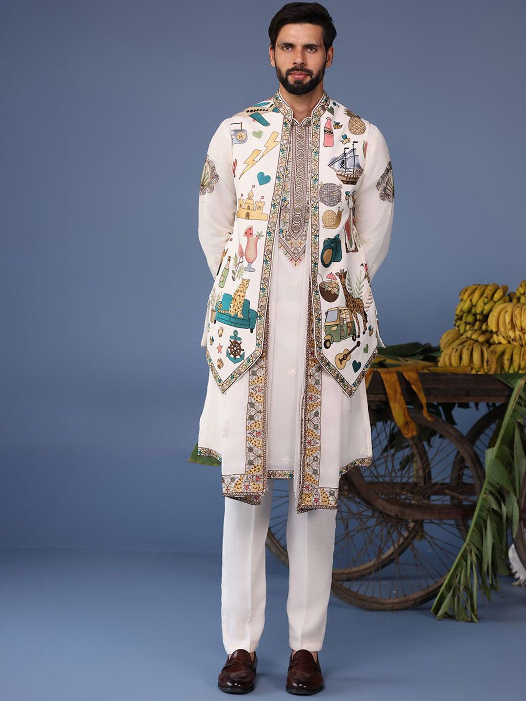 KALPRAAG Men Floral Embroidered Regular Sequinned Kurta with Trousers & With Dupatta-image-44