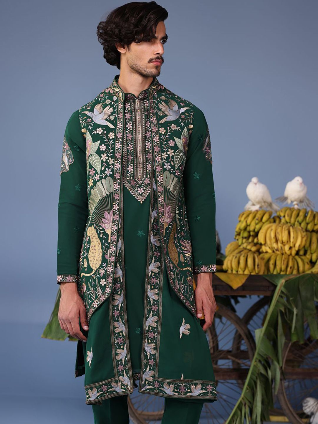KALPRAAG Men Floral Embroidered Regular Sequinned Kurta with Trousers & With Dupatta-image-24