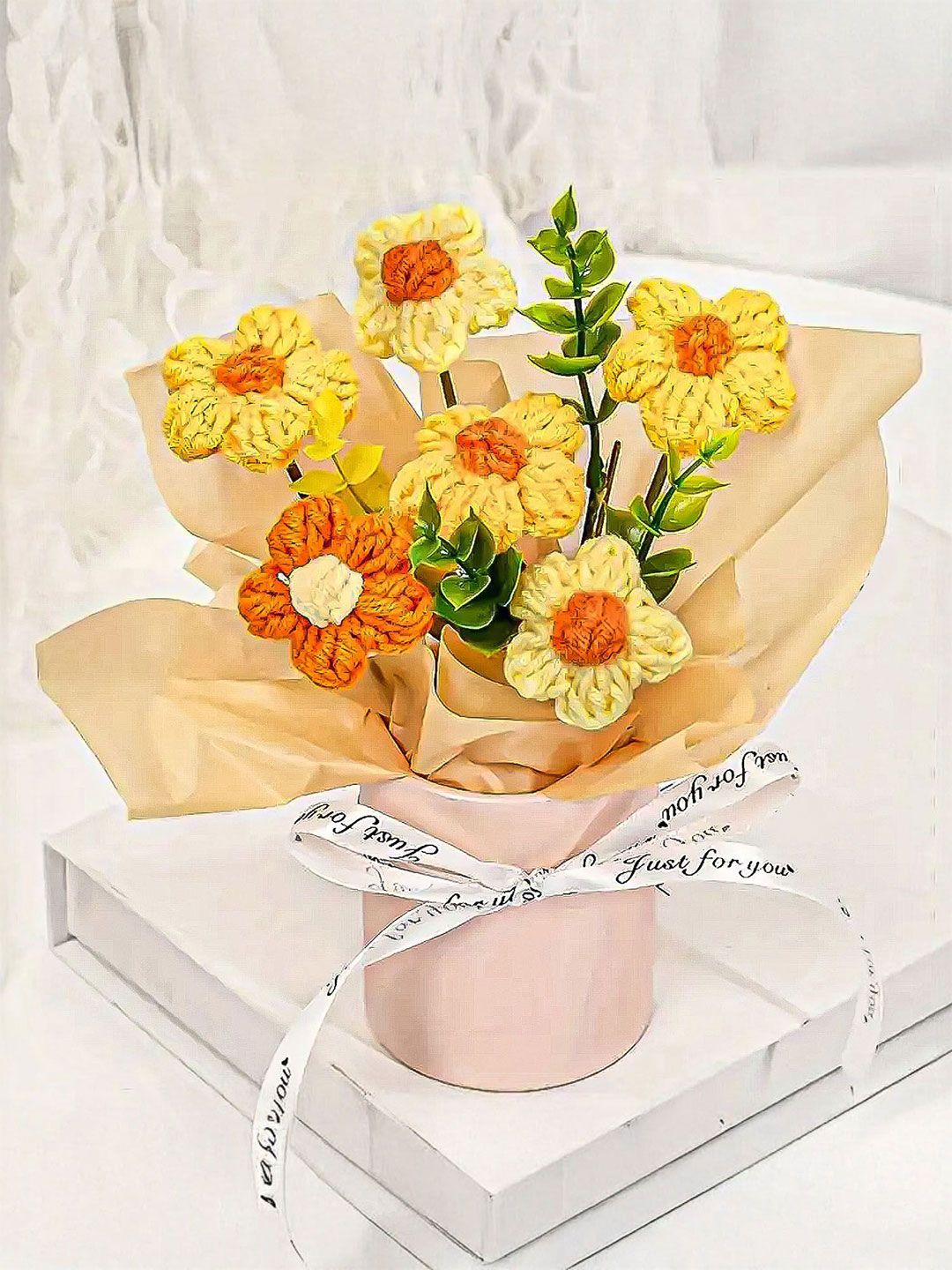 Ekhasa Yellow & Green Cherry Blossom Crochet Artificial Flower Bouquet-picture-17