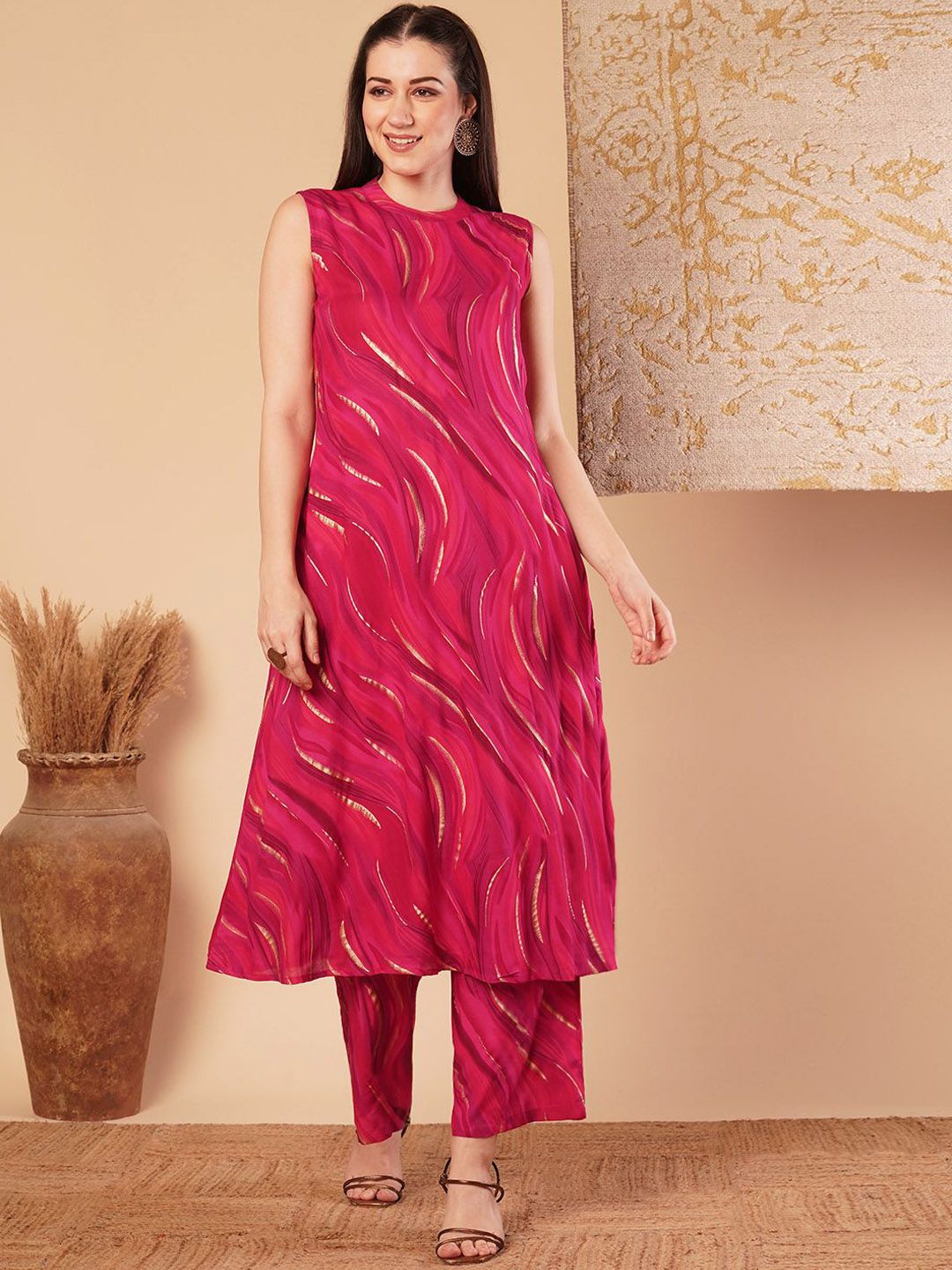 FASHOR Printed Round Neck Tunic & Palazzos
