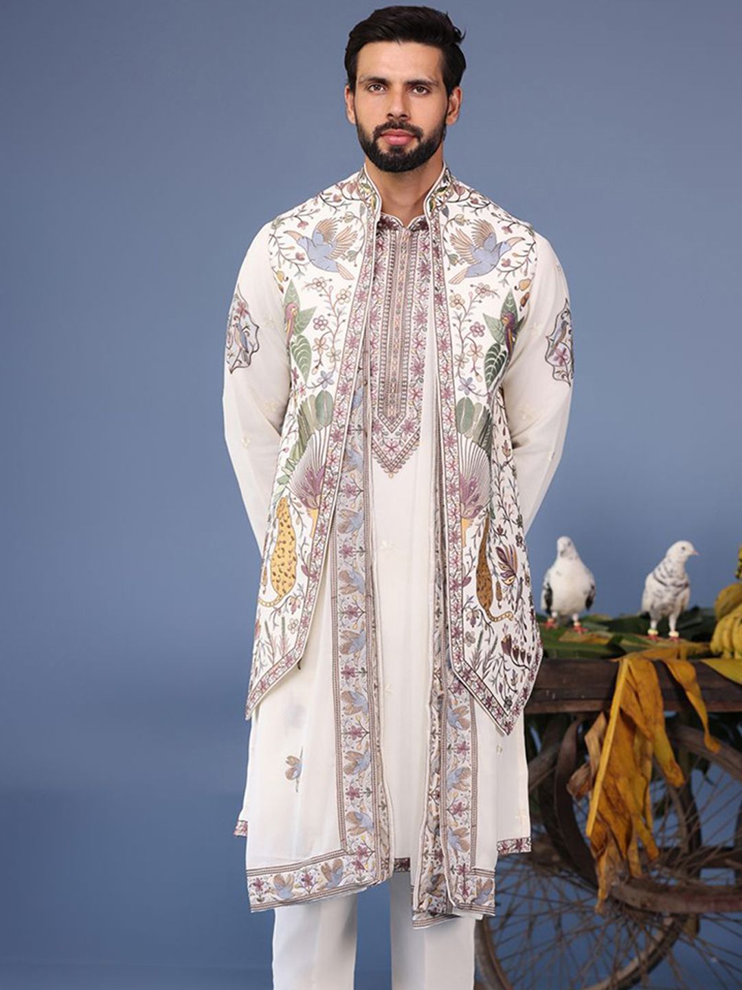 KALPRAAG Men Floral Embroidered Regular Sequinned Kurta with Trousers & With Dupatta-image-25