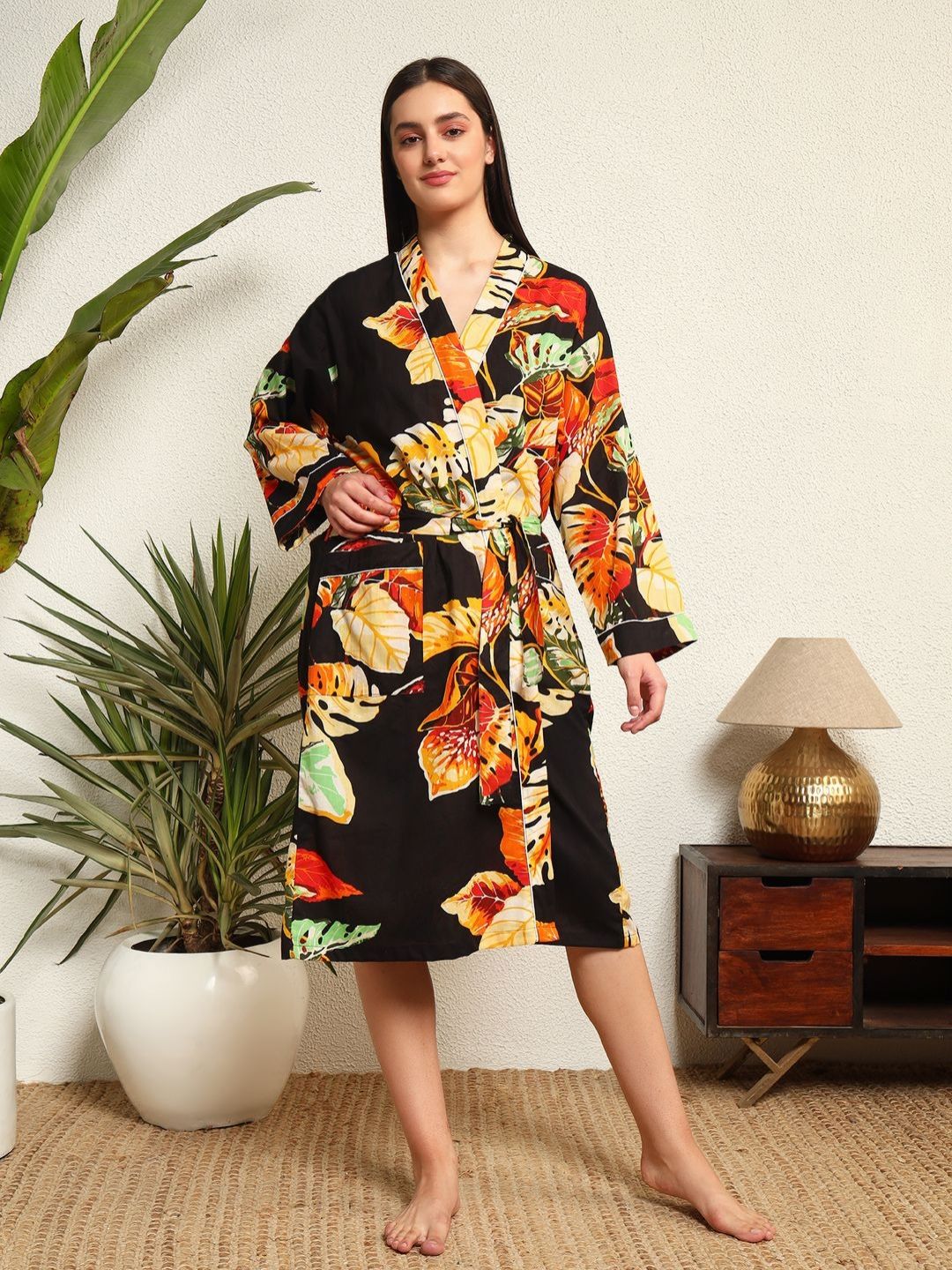 HANDICRAFT PALACE Black & Yellow Printed Pure Cotton Bath Robe-picture-21