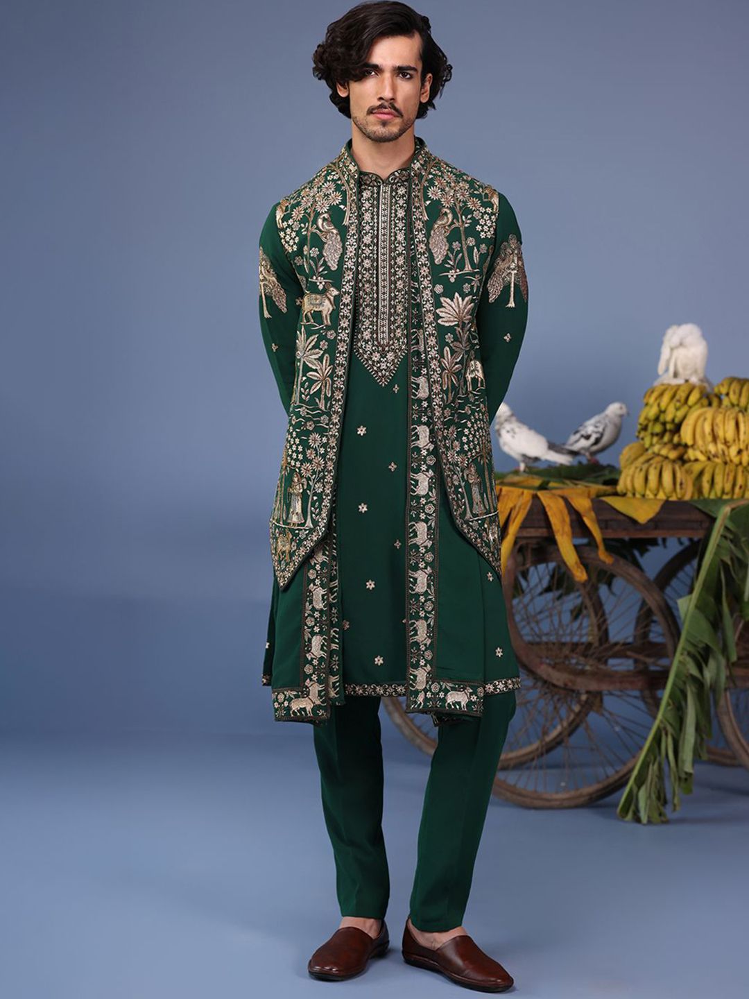 KALPRAAG Men Floral Embroidered Regular Sequinned Kurta with Trousers & With Dupatta-image-13