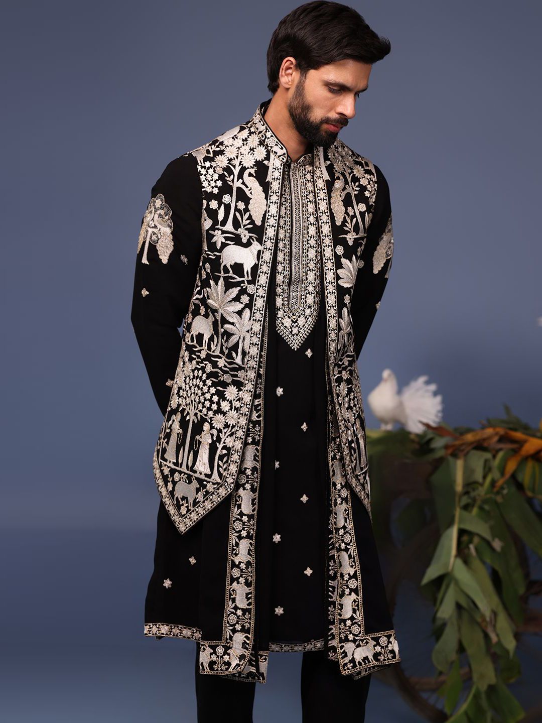 KALPRAAG Men Floral Embroidered Regular Sequinned Kurta with Trousers & With Dupatta-image-20