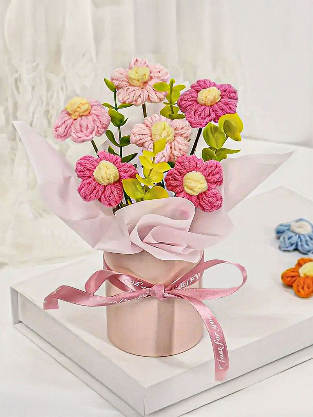 Ekhasa Pink & Green Cherry Blossom Crochet Artificial Flowers Bouquet