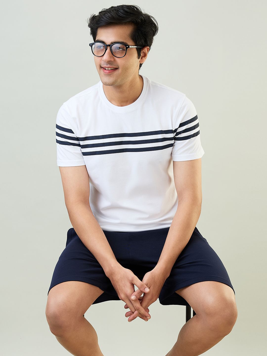 SleepZ by Raymond Striped Round Neck Pure Cotton T-Shirt With Shorts-picture-34