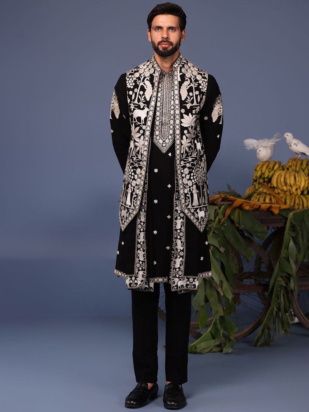 KALPRAAG Men Floral Embroidered Regular Sequinned Kurta with Trousers & With Dupatta-image-45