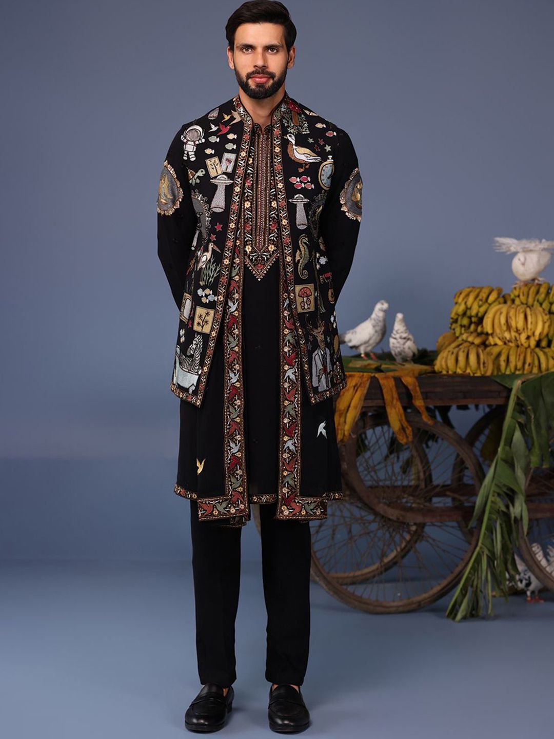 KALPRAAG Men Floral Embroidered Regular Sequinned Kurta with Trousers & With Dupatta-image-42