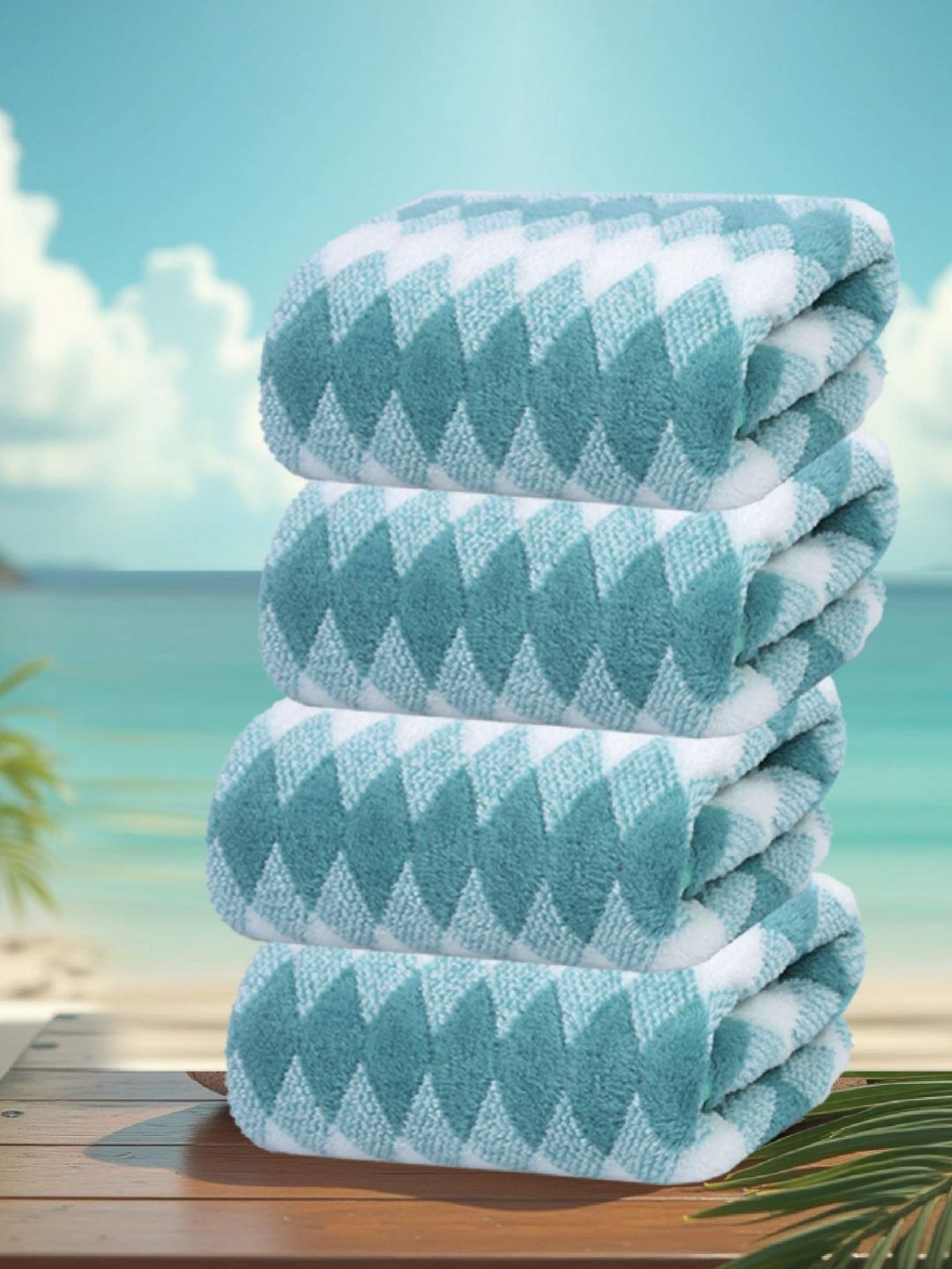 HOUSSE 4-Pcs Sea-Green & White Printed 350 GSM Face Towels-image-26