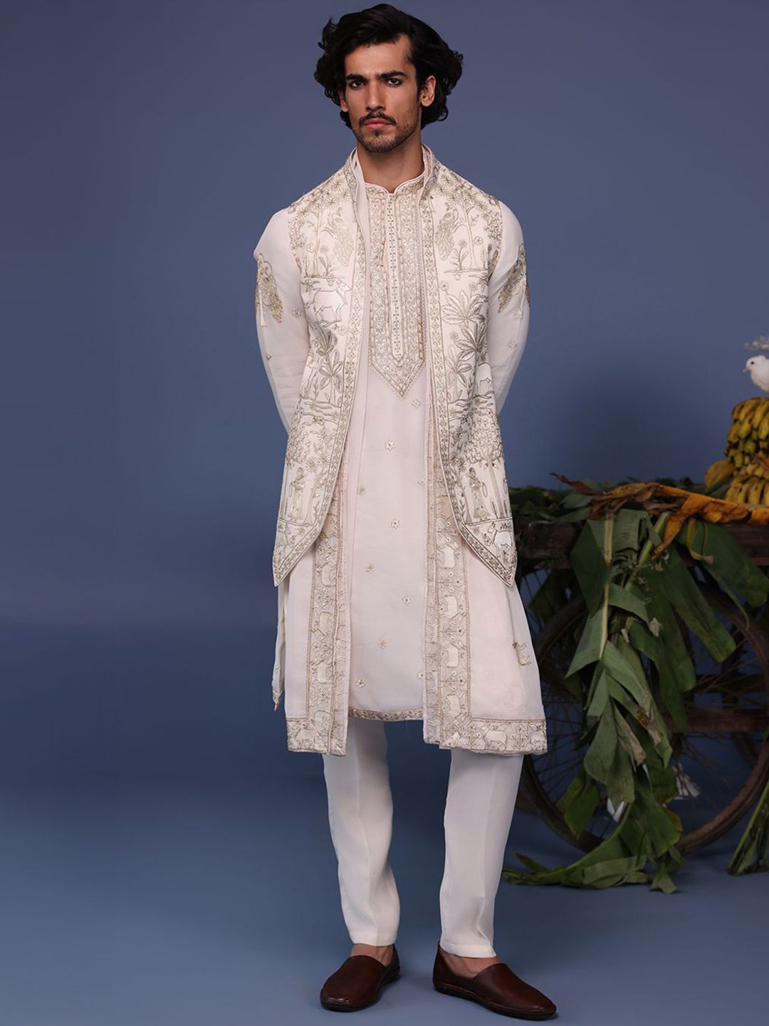 KALPRAAG Men Floral Embroidered Regular Sequinned Kurta with Trousers & With Dupatta-image-29