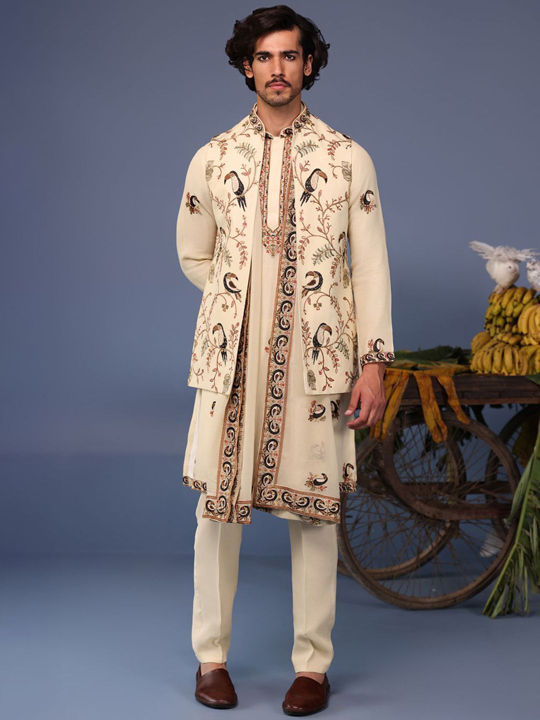 KALPRAAG Men Floral Embroidered Regular Sequinned Kurta with Trousers & With Dupatta-image-47