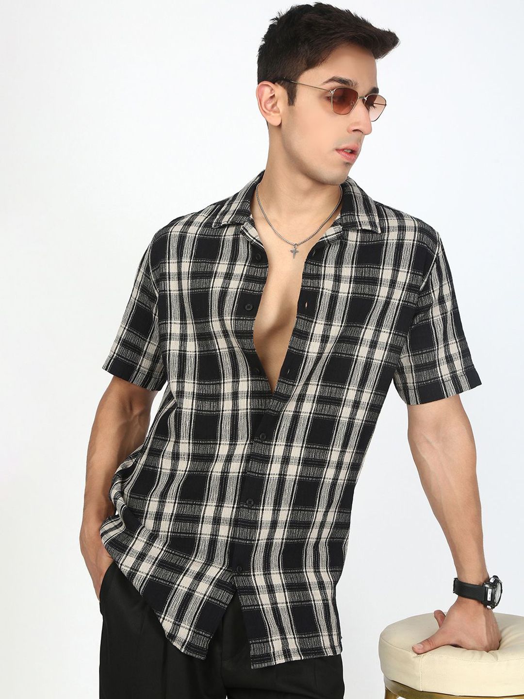 Bene Kleed Men Tartan Checked Cuban Collar Cotton Casual Shirt-picture-17