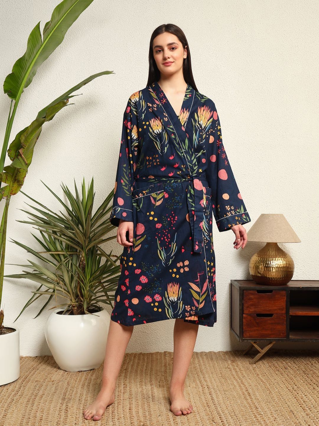HANDICRAFT PALACE Blue and Green Floral Printed 100% Cotton Bath Robe