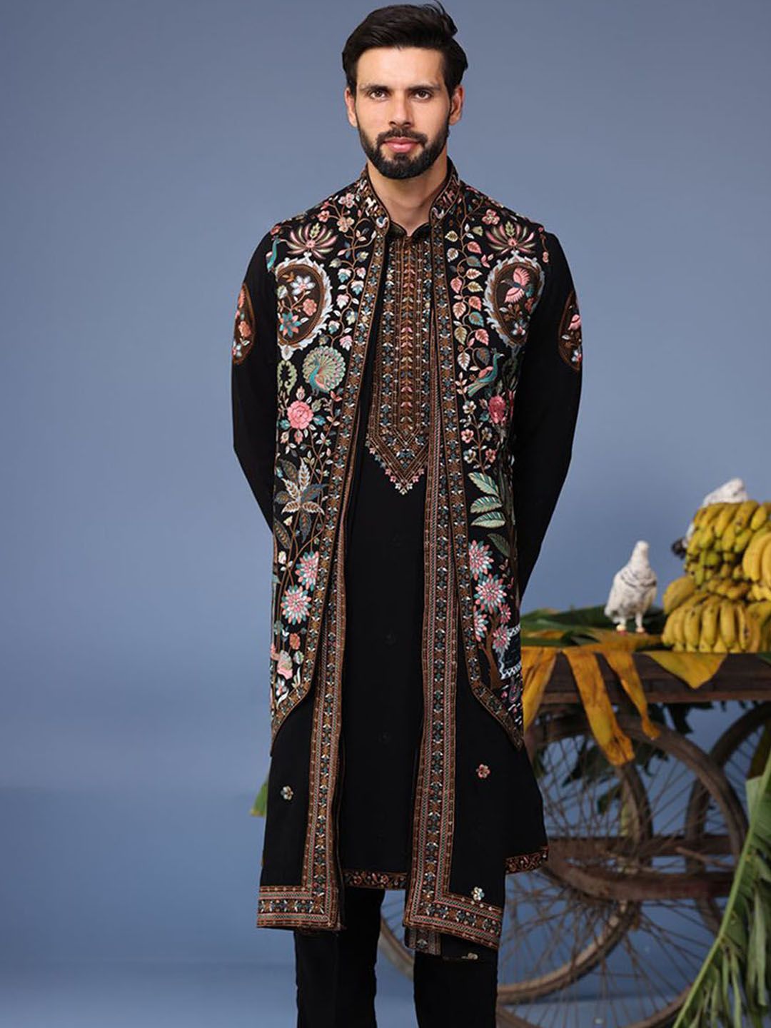 KALPRAAG Men Floral Embroidered Regular Sequinned Kurta with Trousers & With Dupatta-image-22