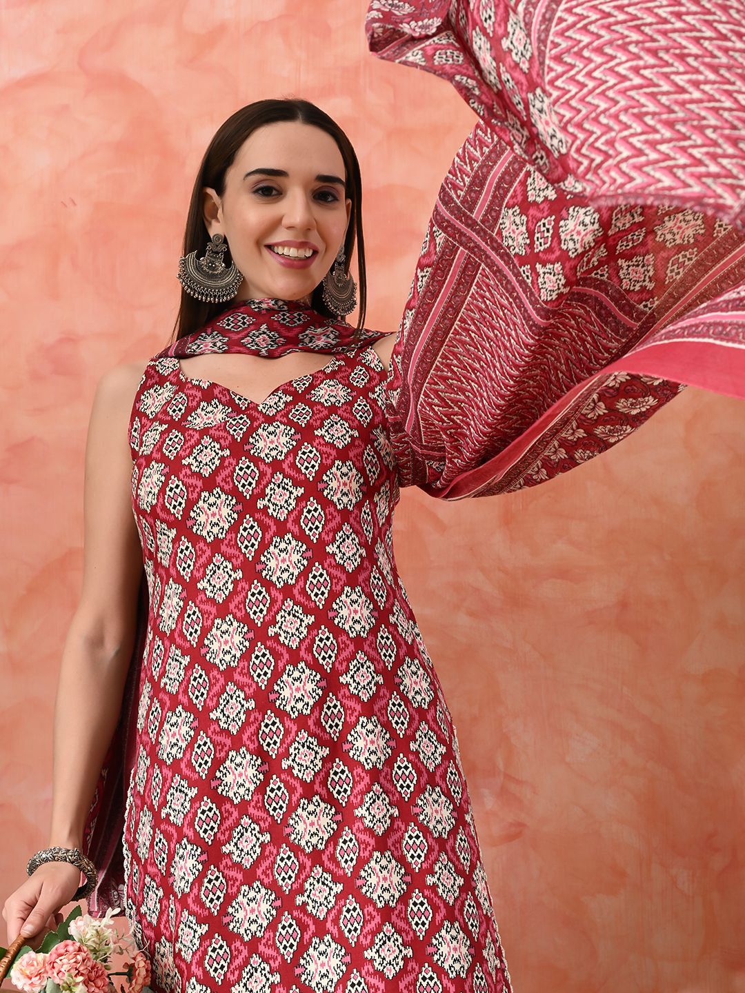 Sangria Printed A-Line Kurta With Trousers & Dupatta
