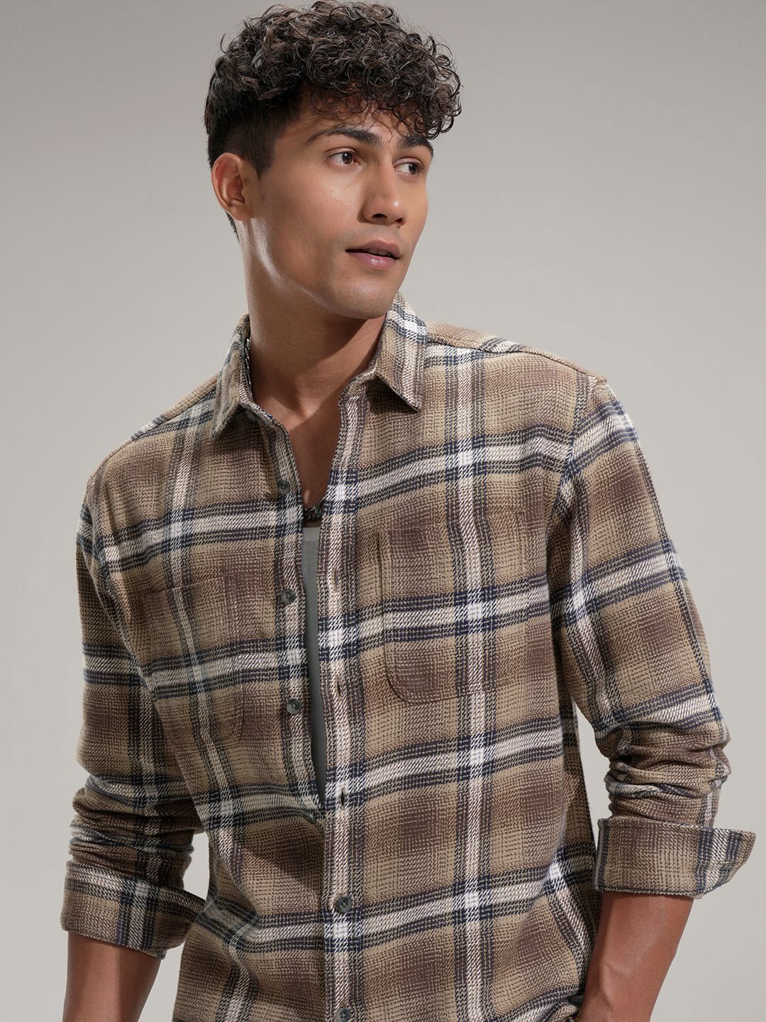 HIGHLANDER Men Comfort Relaxed Fit Checked Spread Collar Cotton Casual Shirt-picture-11