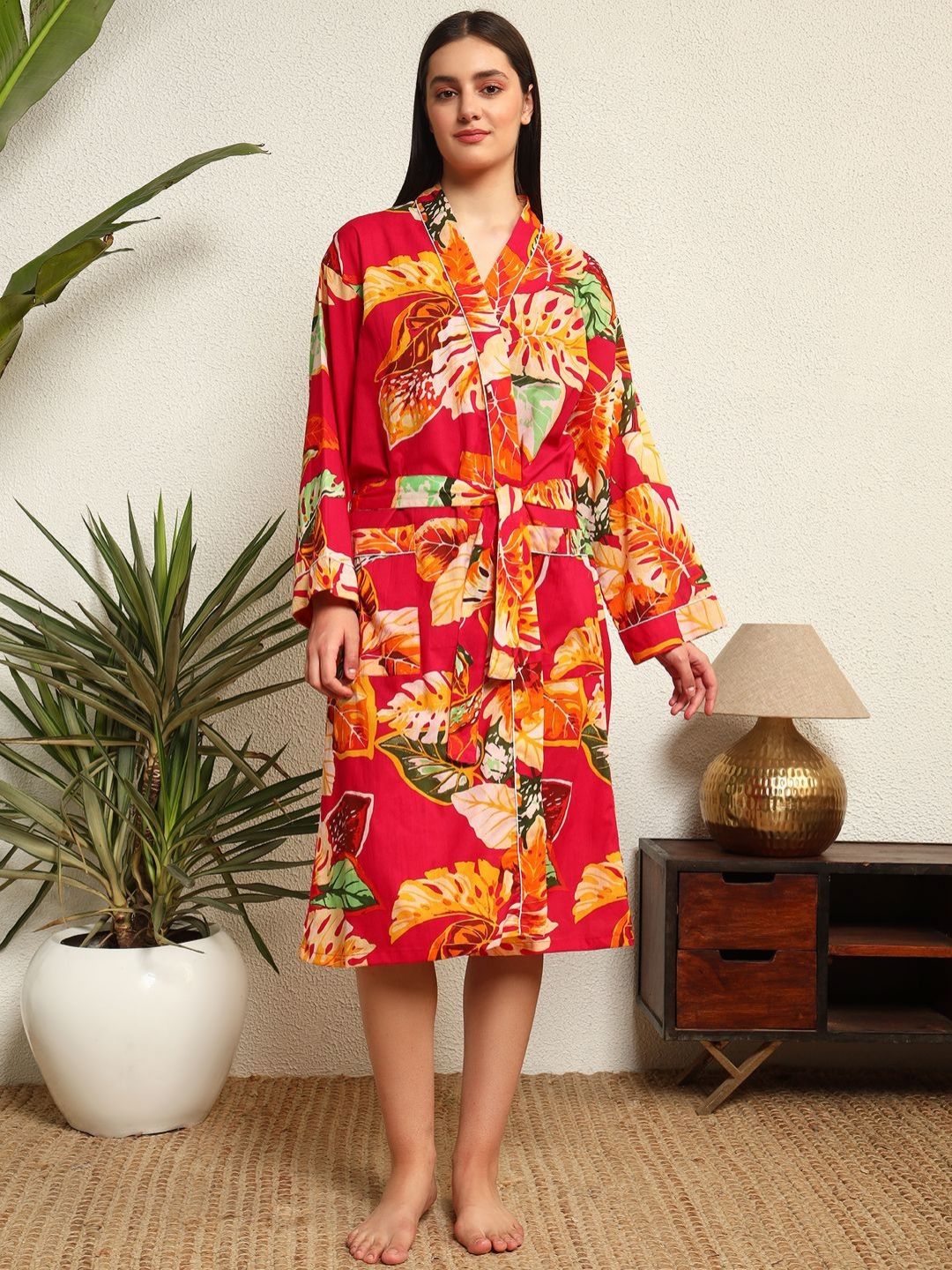 HANDICRAFT PALACE Red and Green Leaf Printed 100% Cotton Bath Robe With Belt-picture-24