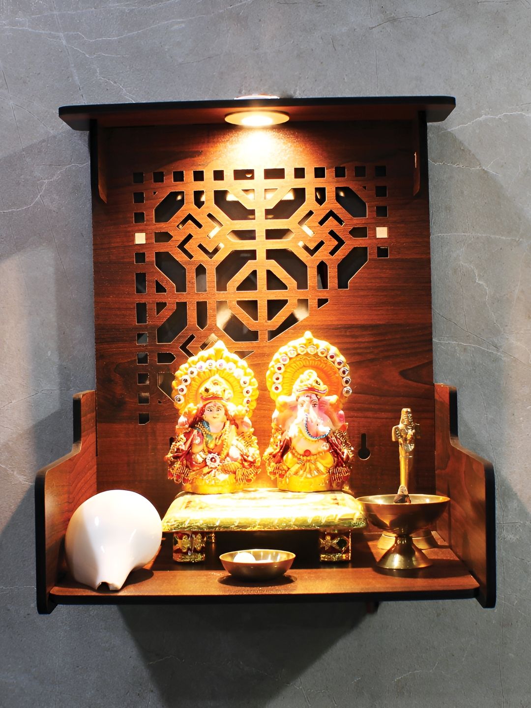 RANDOM Brown Wall Mounted Wooden Home Temple With Storage & LED Light