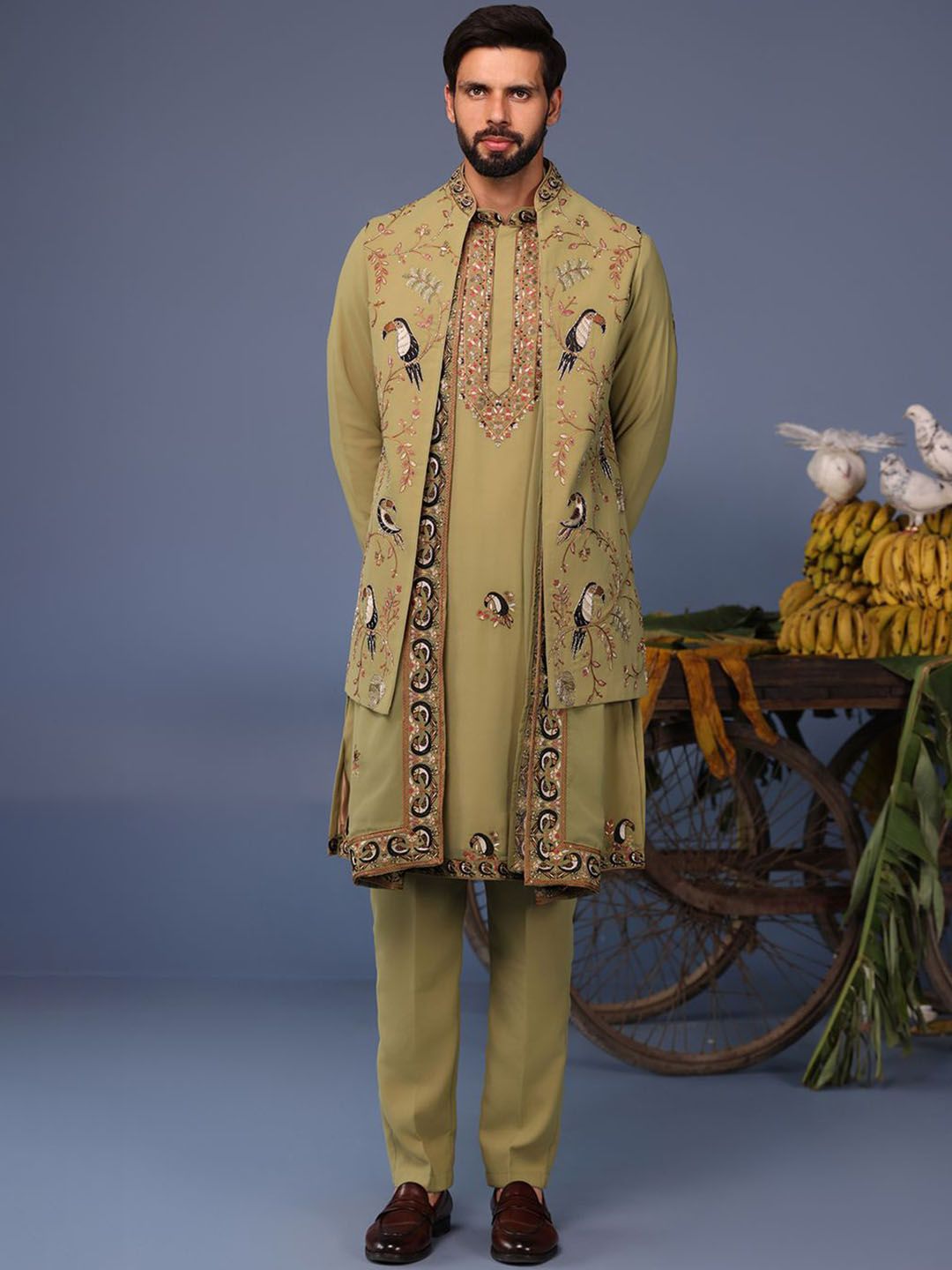 KALPRAAG Men Floral Embroidered Regular Sequinned Kurta with Trousers & With Dupatta-image-34