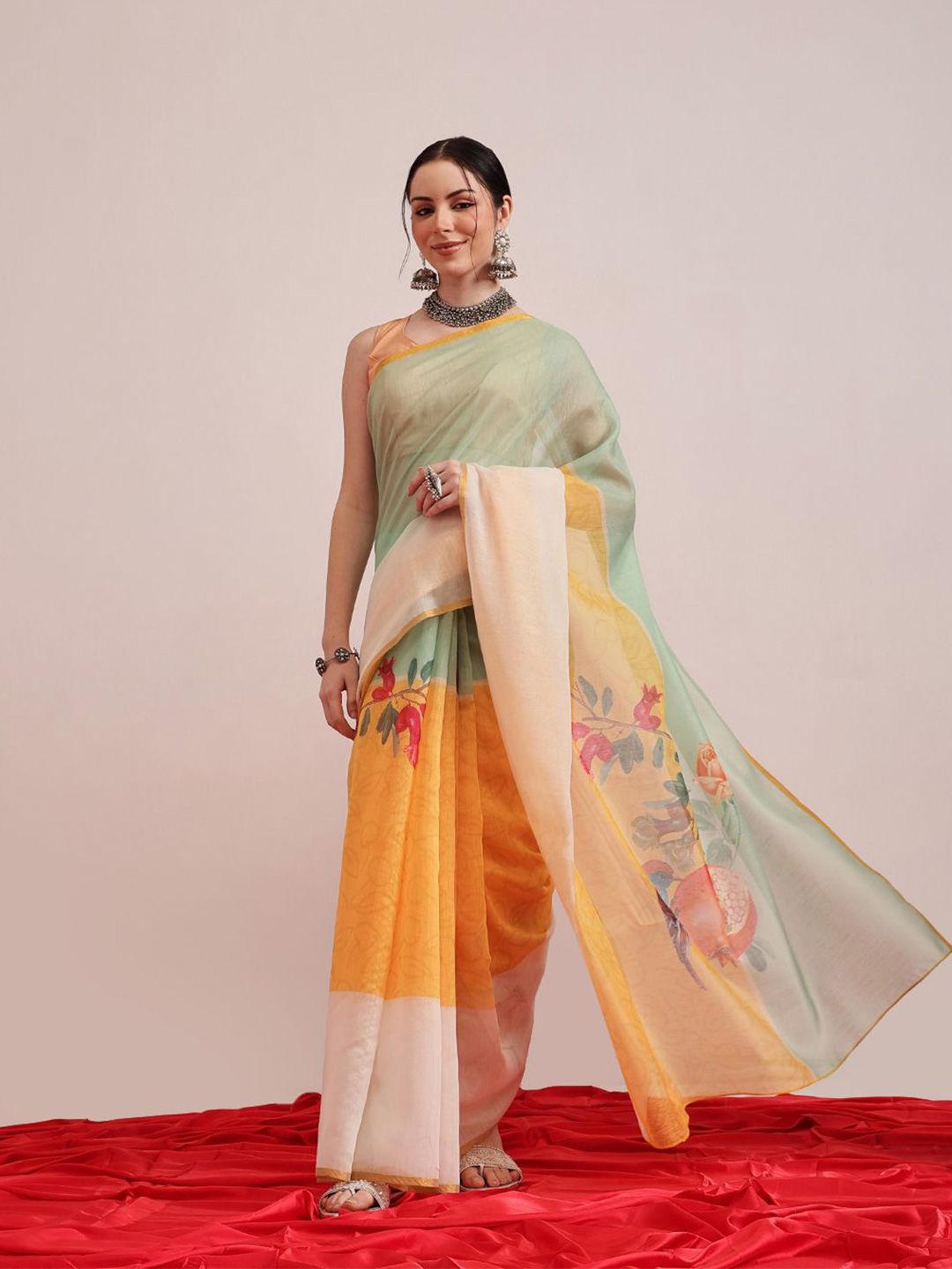 Silk Land Floral PrintedZari Chanderi Saree-image-12
