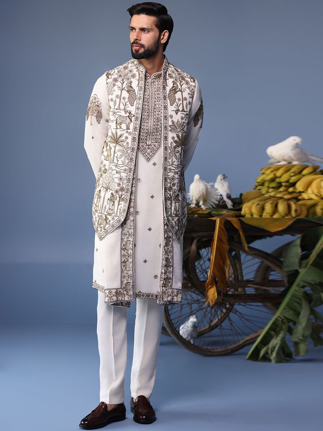 KALPRAAG Men Floral Embroidered Regular Sequinned Kurta with Trousers & With Dupatta-image-38