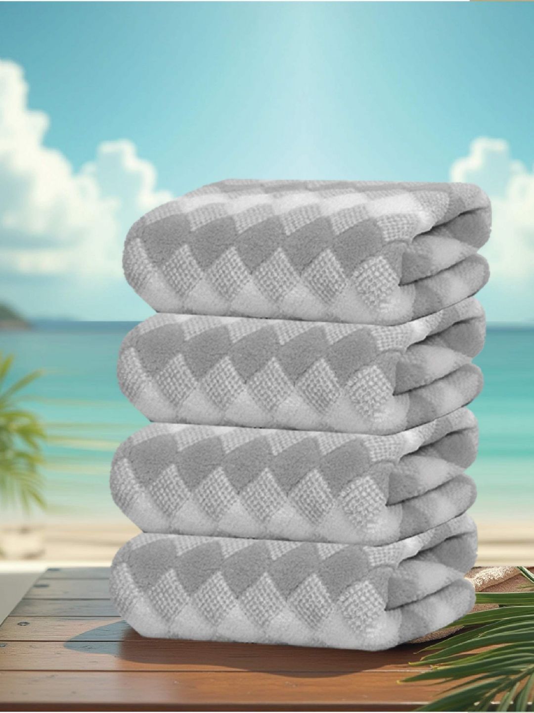 HOUSSE Grey & White 4 Pieces Printed Microfibre 350 GSM Face Towels-image-46