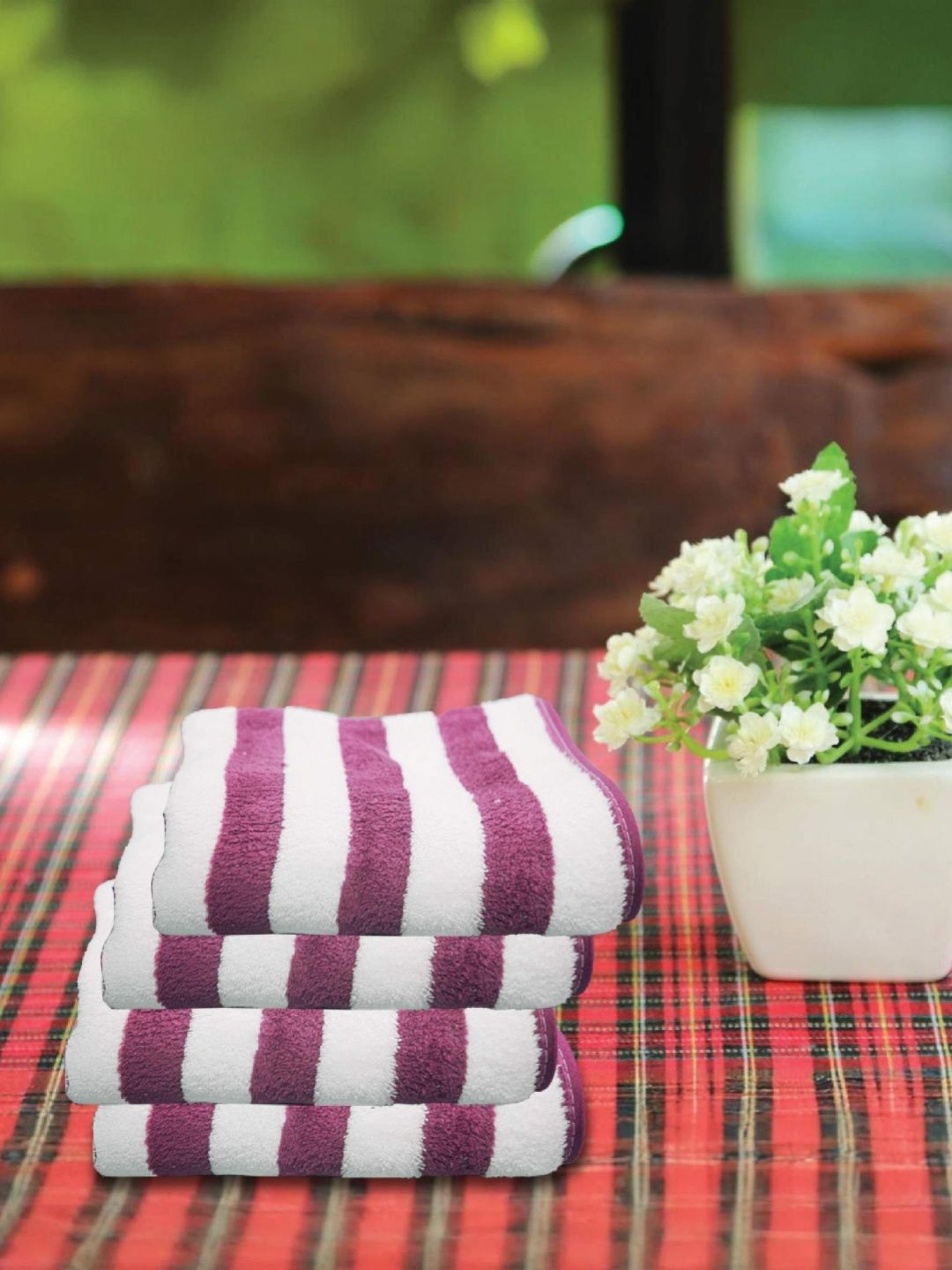 HOUSSE Purple & White 4 Pieces Striped Microfiber 300 GSM Face Towels-image-48