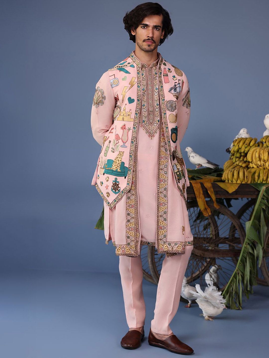 KALPRAAG Men Floral Embroidered Regular Sequinned Kurta with Trousers & With Dupatta-image-37