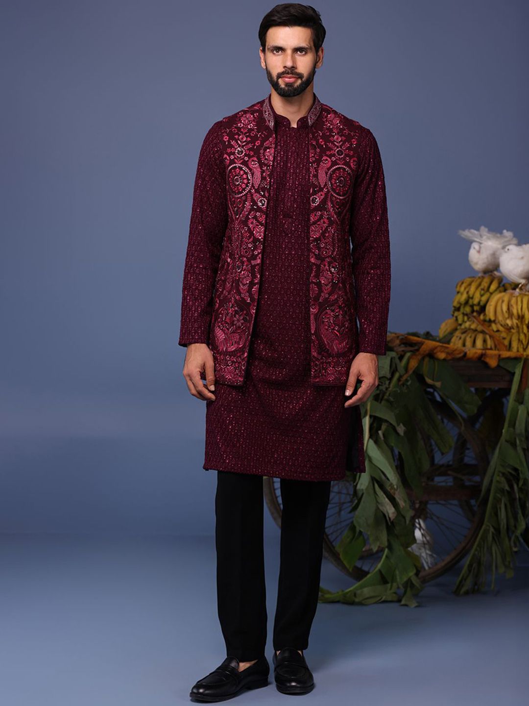 KALPRAAG Men Floral Embroidered Regular Sequinned Kurta with Trousers & With Dupatta-image-27