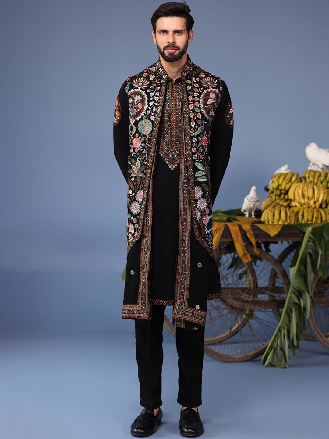 KALPRAAG Men Floral Embroidered Regular Sequinned Kurta with Trousers & With Dupatta-image-18