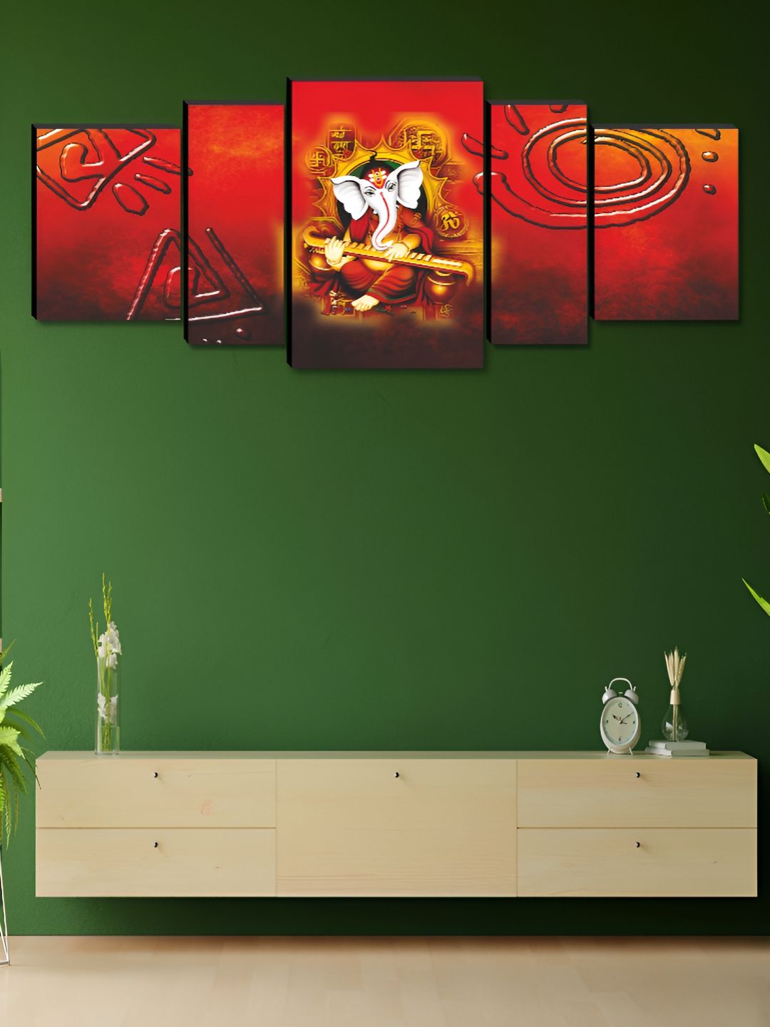 SAF Orange & Yellow 5 Piece Lord Ganesh Printed Wooden Wall Arts-picture-14