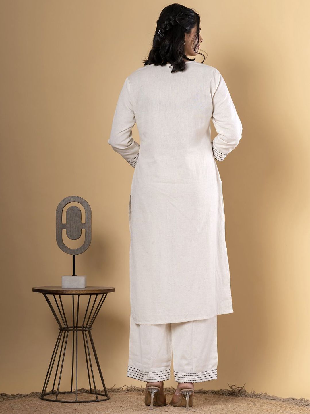 Yellow Floral Embroidered Round Neck Thread Work Straight Kurta With Palazzos