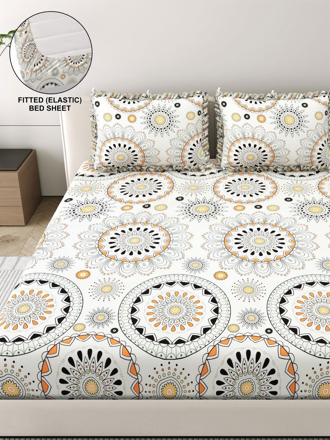 DREAM WEAVERZ Off White & Black Geometric 260 TC King Bedsheet with 2 Pillow Covers-image-44