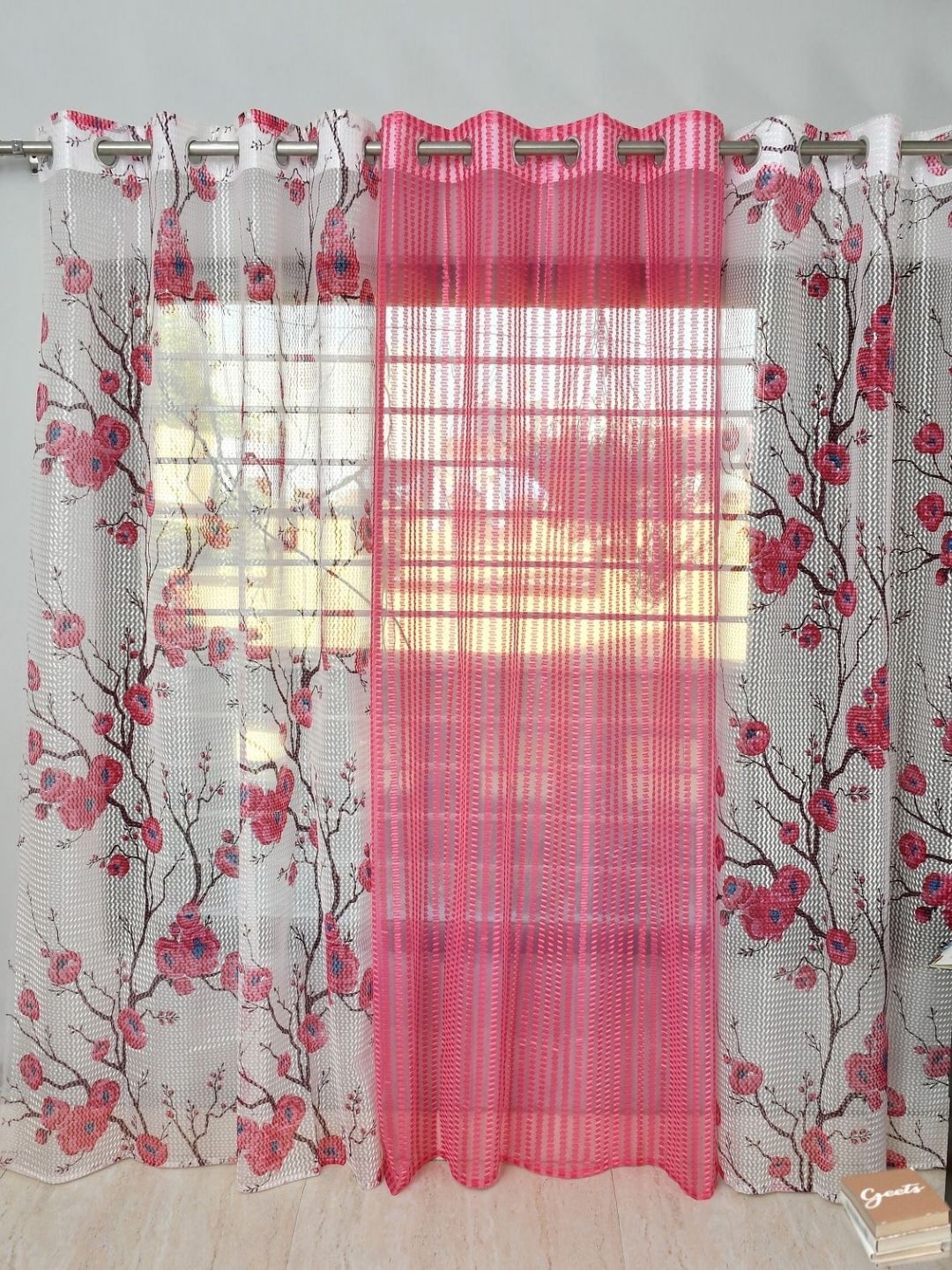 Galaxy Home Decor Pink & White 3 Pieces Floral Printed Sheer Long Door Curtains-picture-34