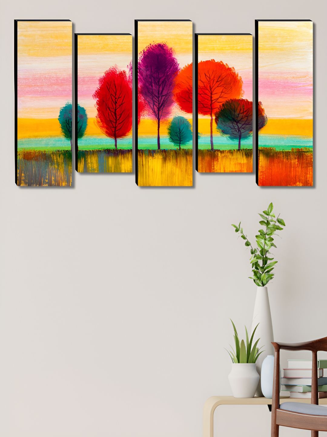 SAF Yellow & Red 5 Pieces Tree Floral And Botanical Wooden Wall Arts-image-0