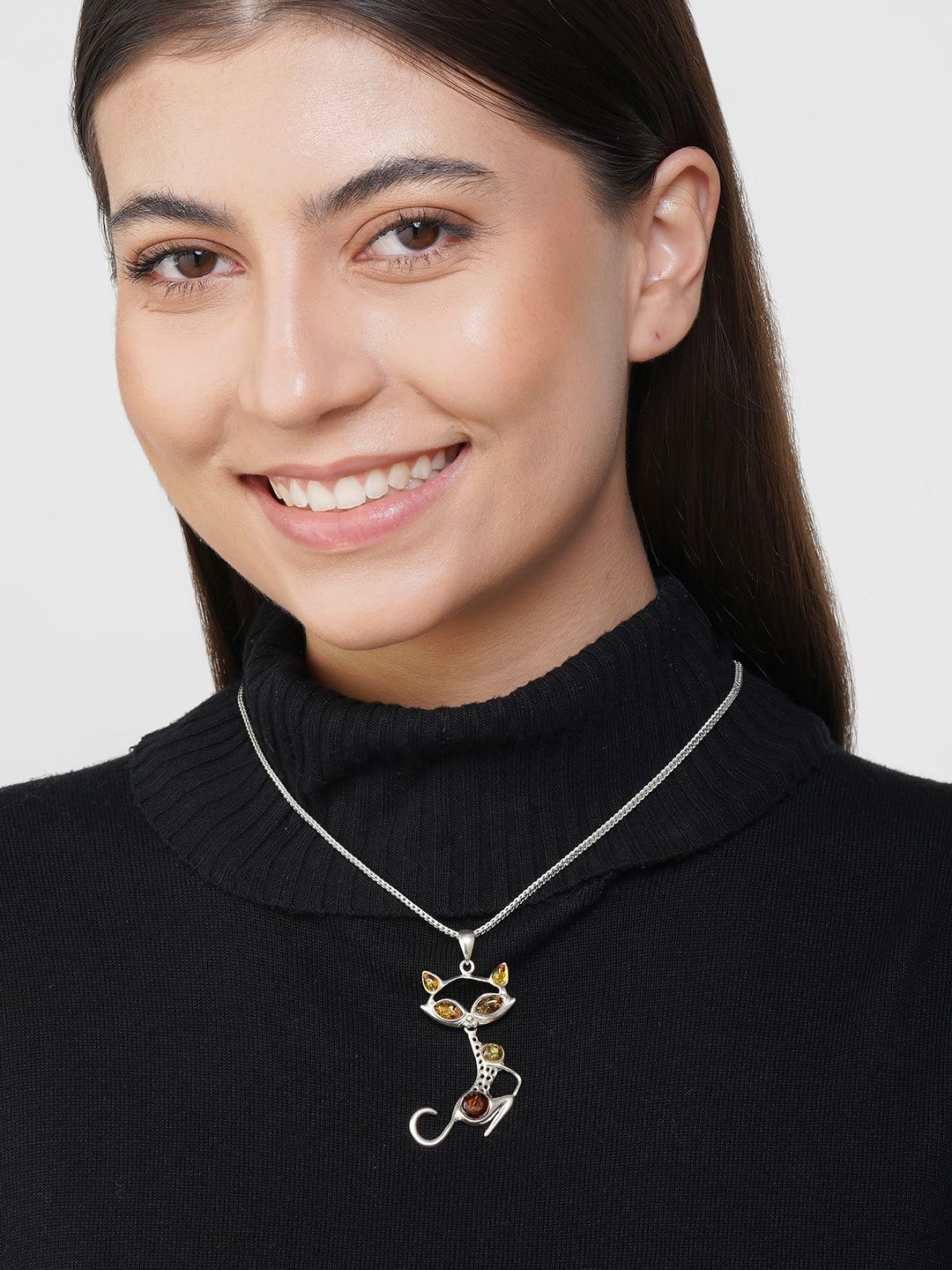 Asteri Shine On Sterling Silver Multicolor European Baltic Amber Cat Pendant-image-32