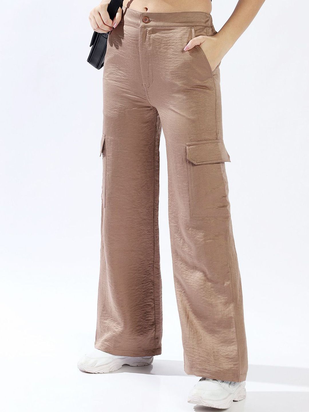 High Star Women Relaxed Loose Fit Mid-Rise Flat front Cargo Trousers-picture-27