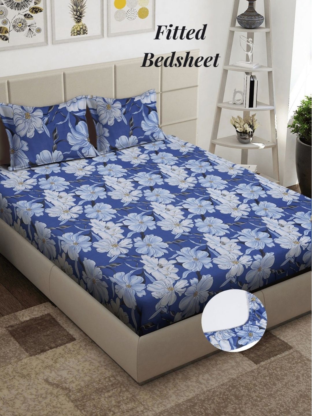 Arrabi Blue & Black Floral 300 TC King Bedsheet with 2 Pillow Covers-picture-32