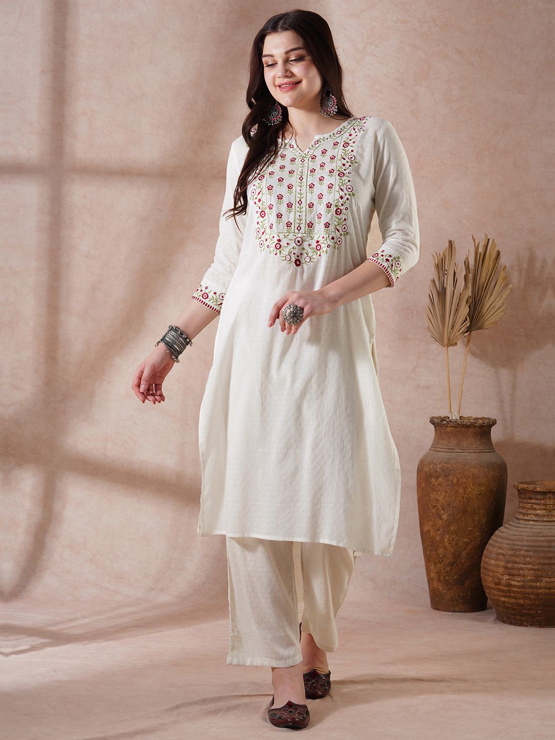 Globus Floral Embroidered Yoke Straight Kurta With Pants Festive Set
