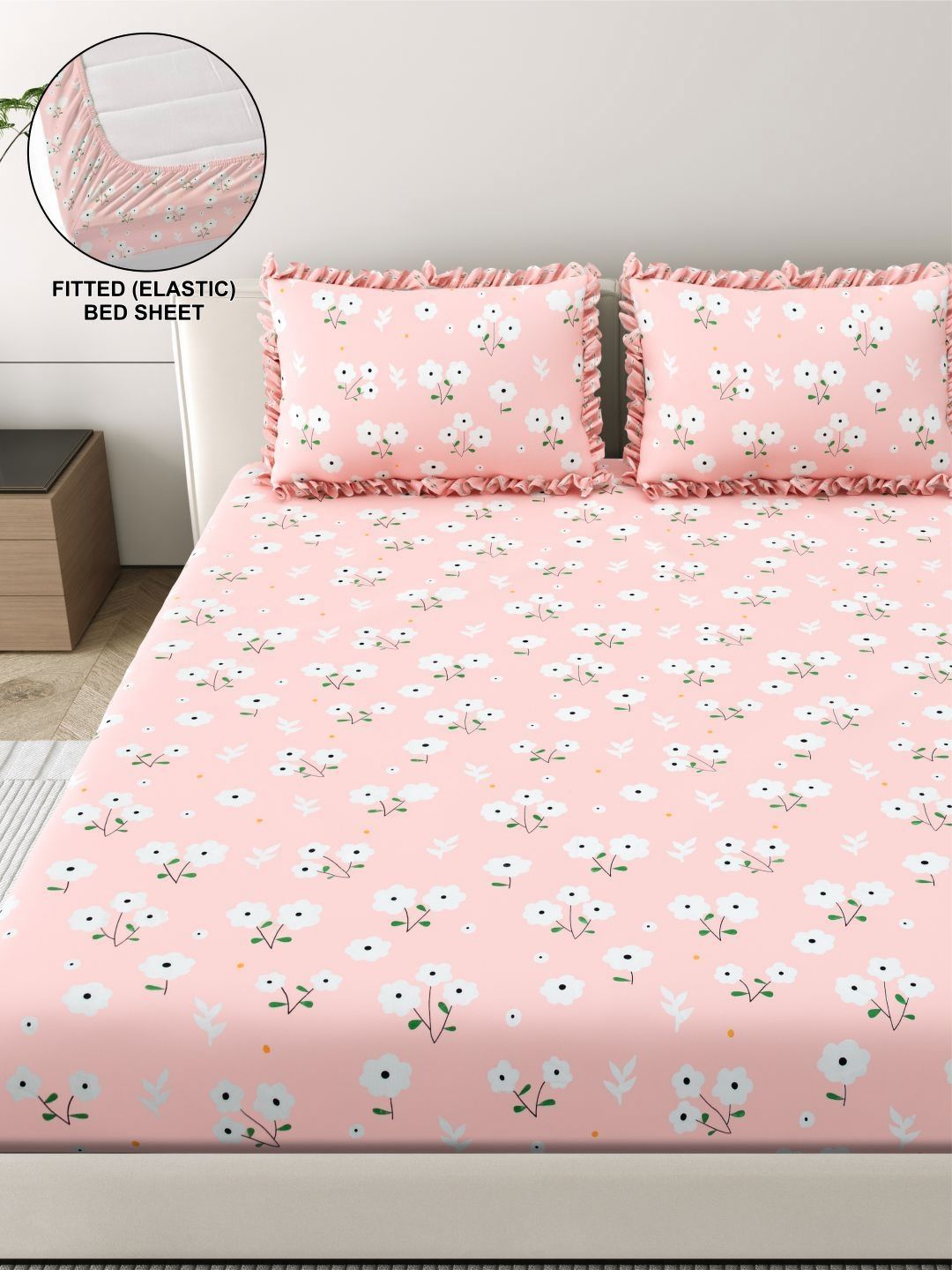 DREAM WEAVERZ Pink & Off White Floral 260 TC King Bedsheet with 2 Pillow Covers-picture-2