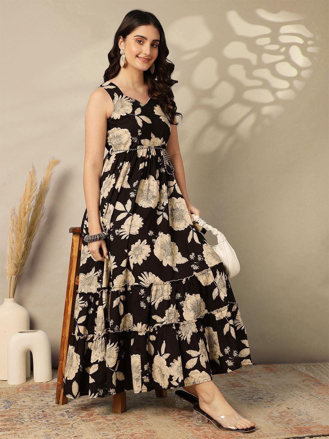 GULMOHAR JAIPUR Women Floral Printed Sweetheart Neck Cotton Fit & Flare Maxi Dress