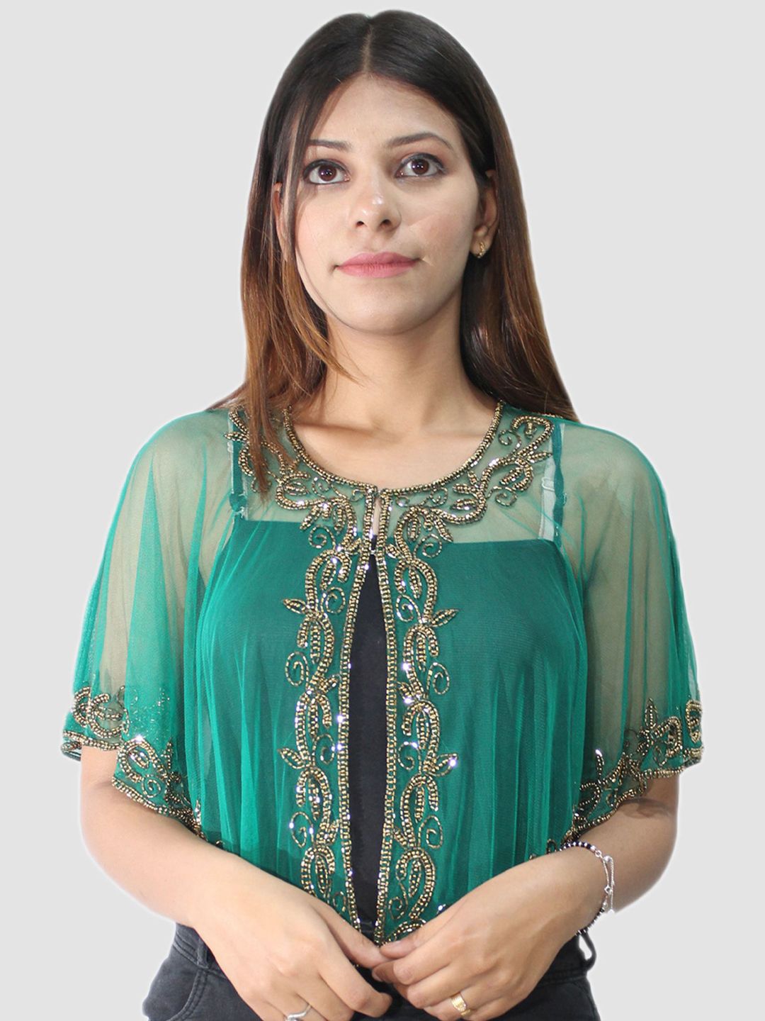 HAUTEMODA Women Embellished Cap Sleeves Net Cape Top-picture-20