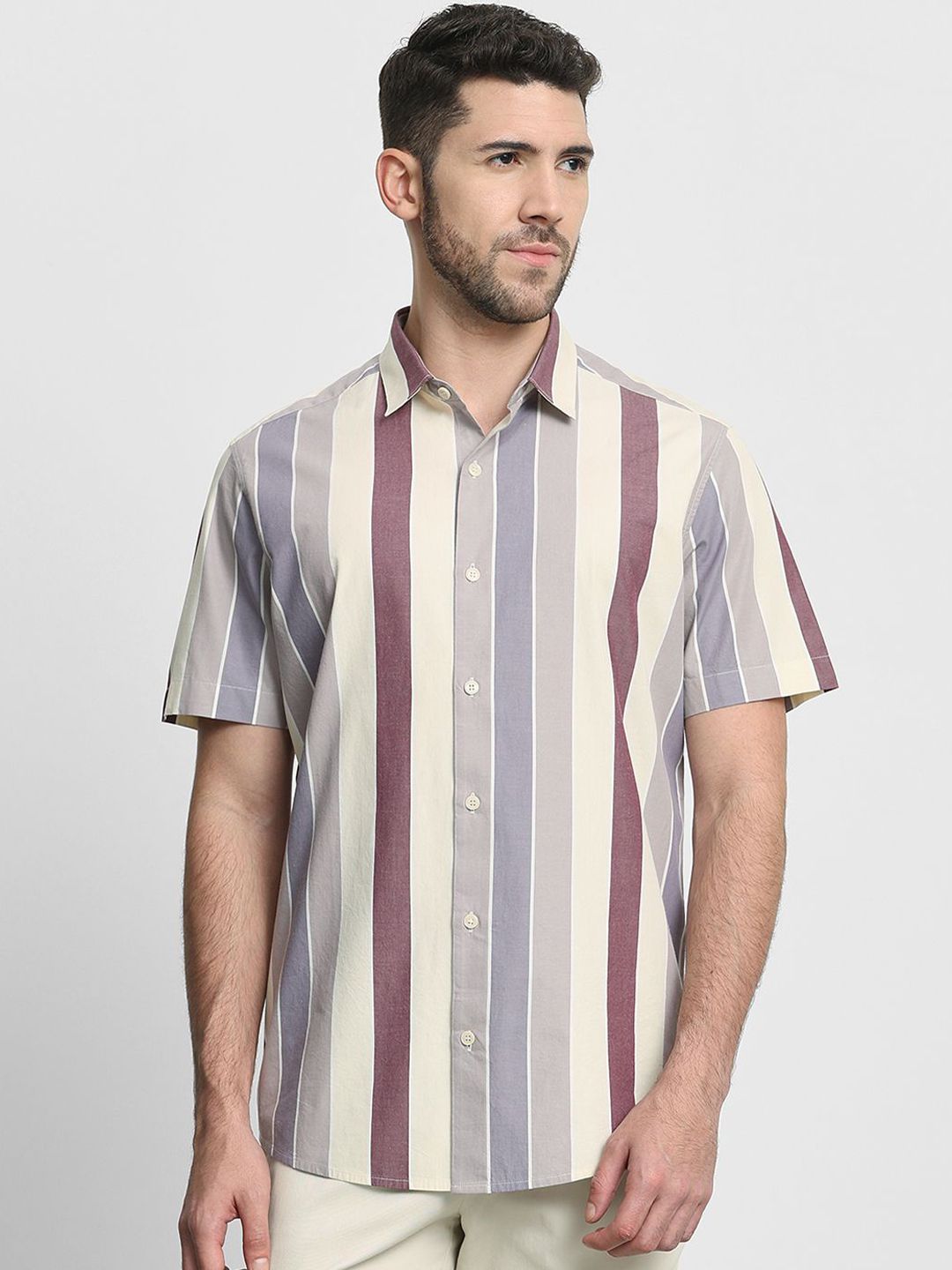 Mufti Men Vertical Striped Spread Collar Cotton Casual Shirt-picture-41