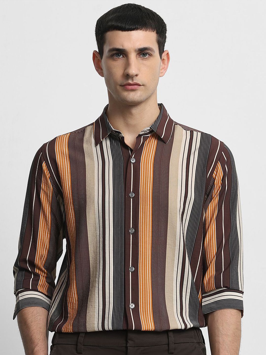 Mufti Men Slim Fit Vertical Striped Spread Collar Casual Shirt-picture-10