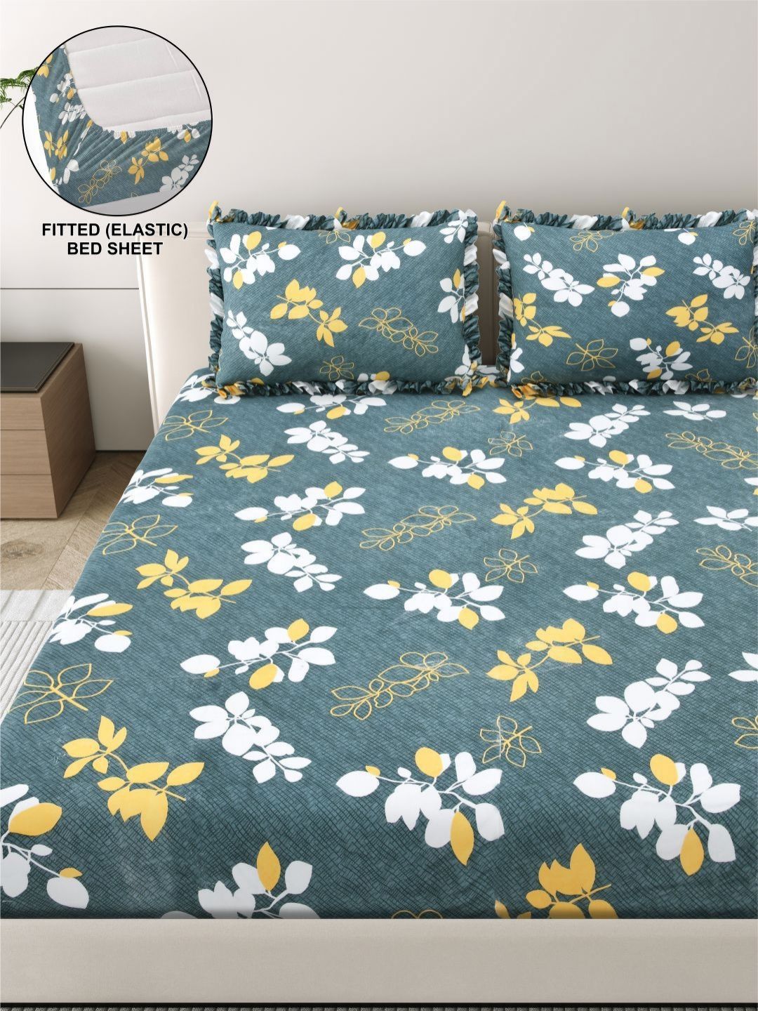 DREAM WEAVERZ Blue & Off White Floral 260 TC King Bedsheet with 2 Pillow Covers-picture-55