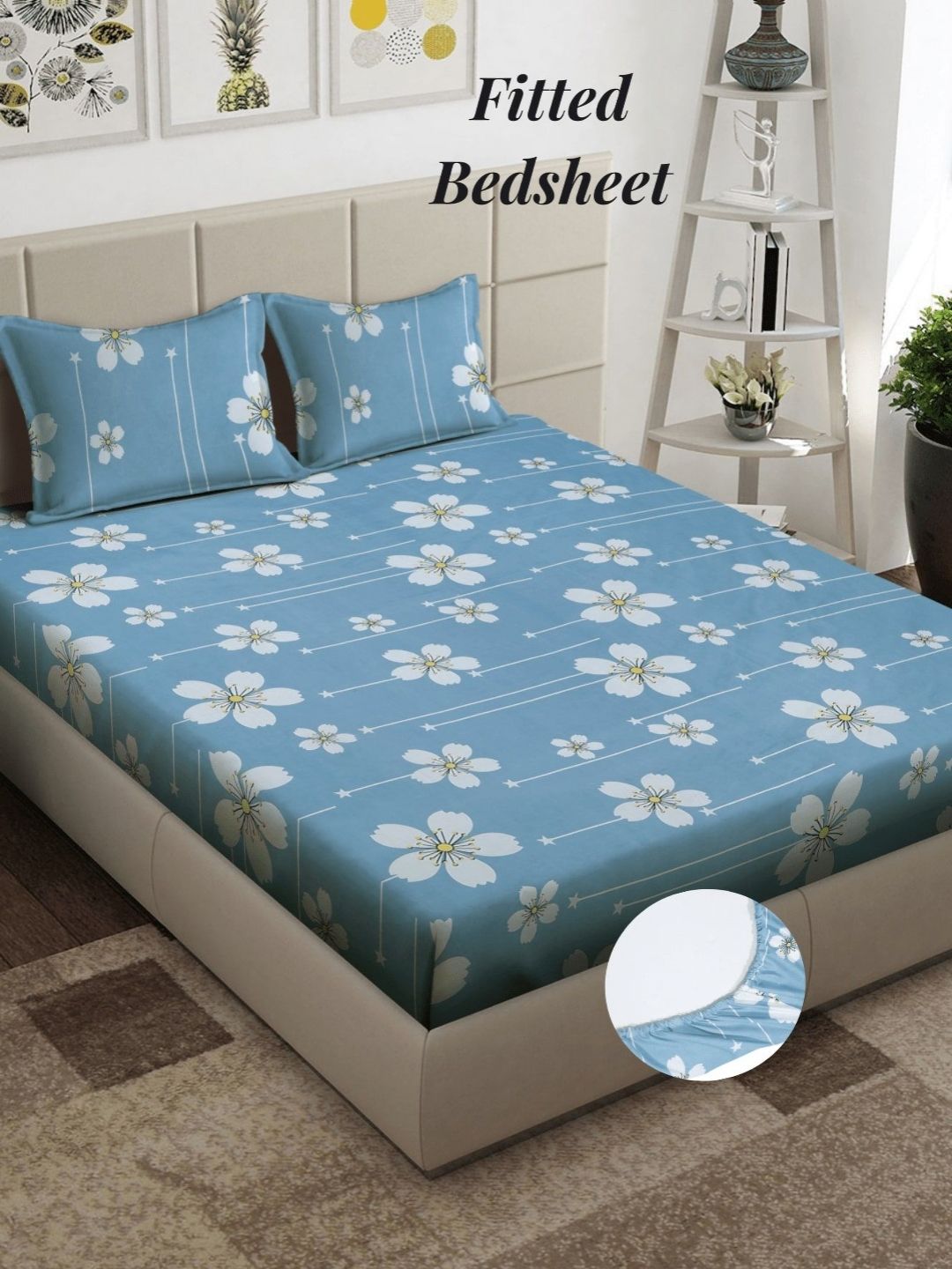 Arrabi Blue & Pink Floral 300 TC King Bedsheet with 2 Pillow Covers-picture-33