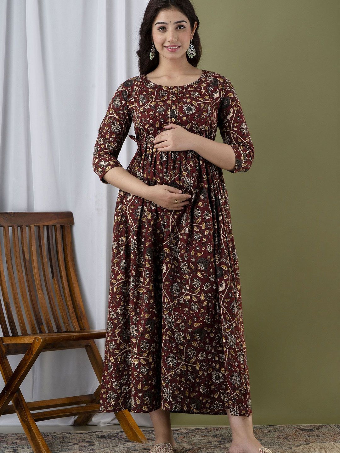 Tulsiram Women Floral Printed Cotton Fit & Flare Maternity Maxi Ethnic Dress-picture-21