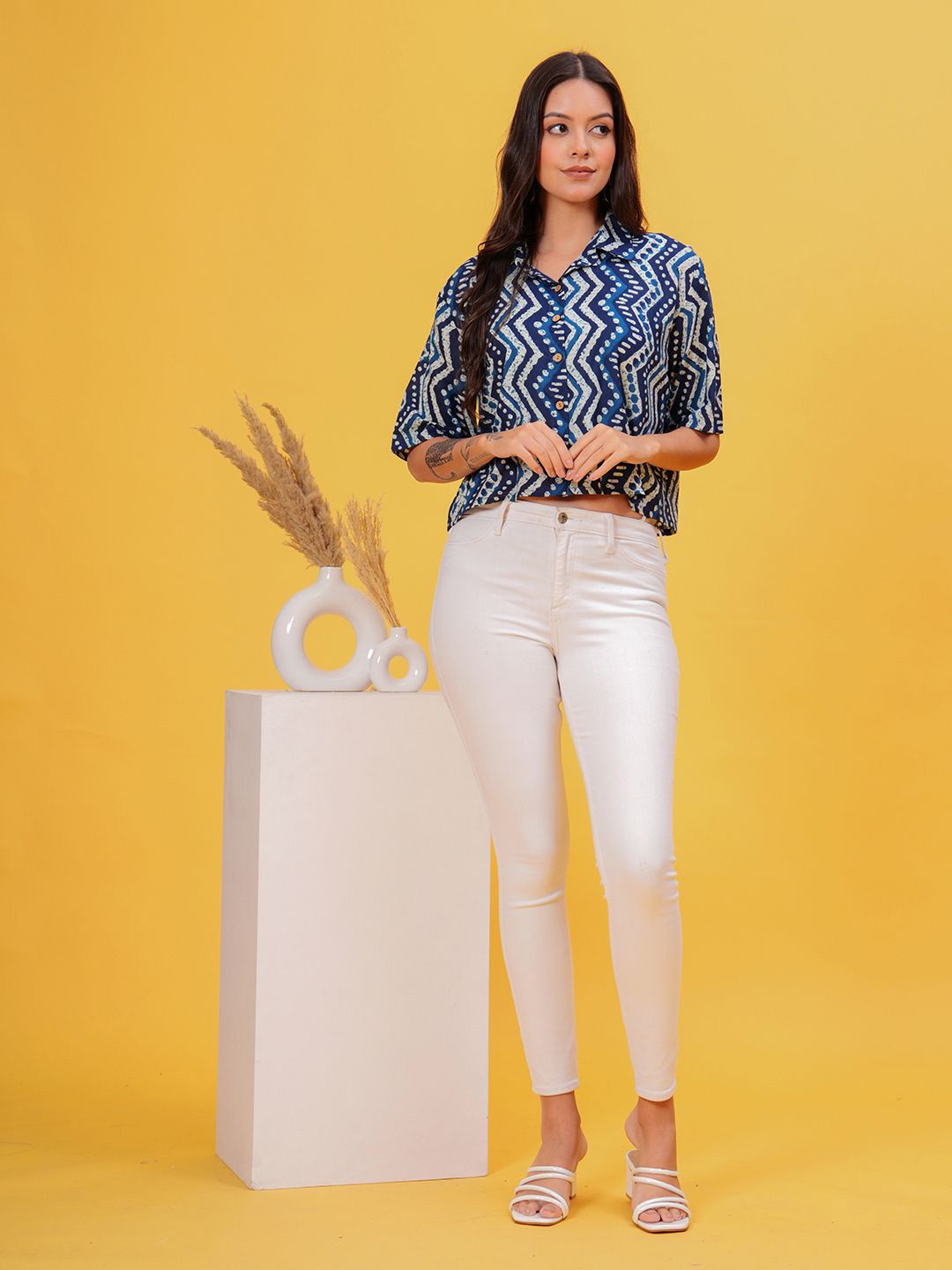 Zenava by Myntra Women Ethnic Motif Printed Cotton Shirt Style Crop Top-image-43