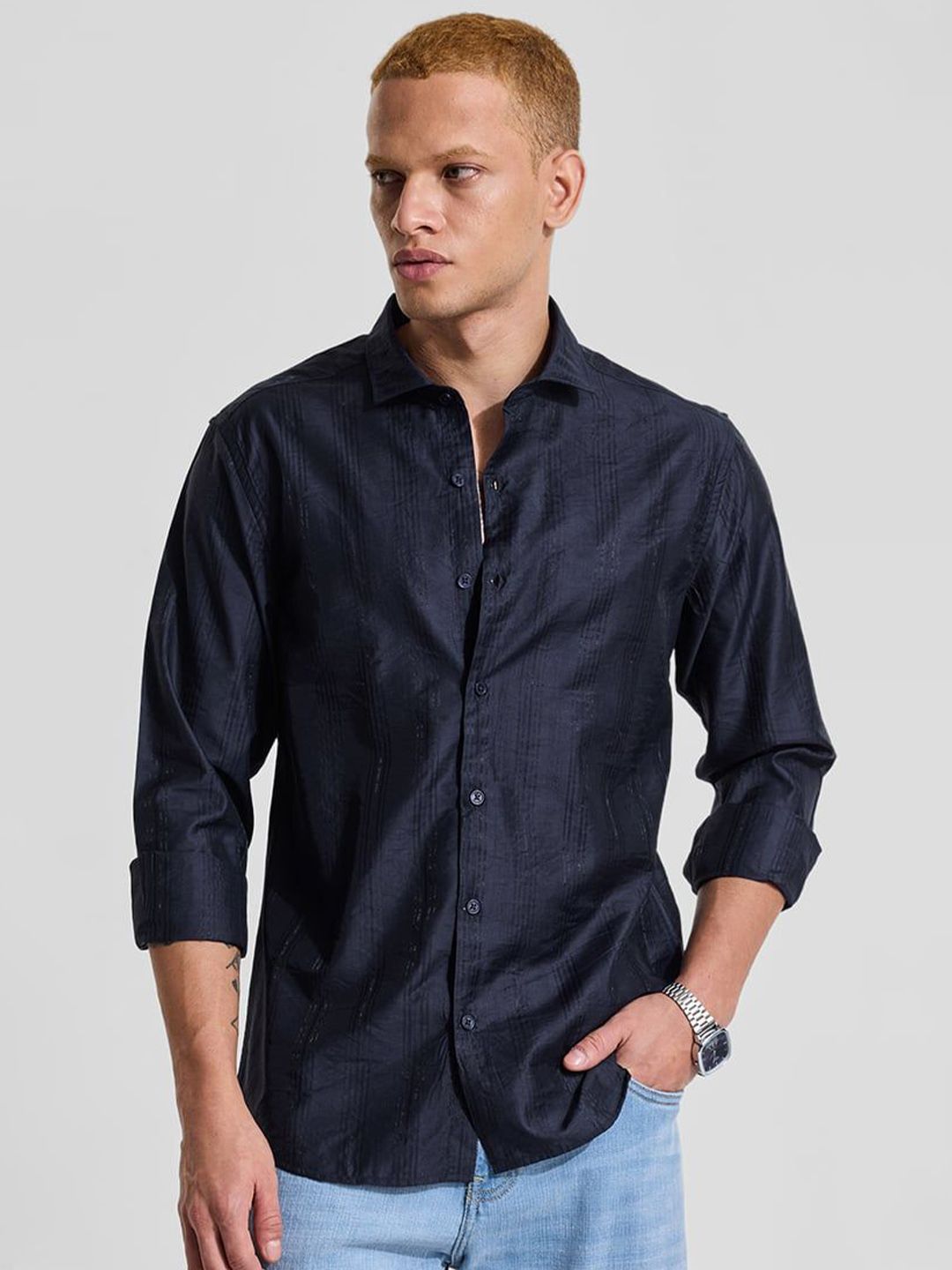 Snitch Men Smart Slim Fit Textured Spread Collar Casual Shirt-picture-33